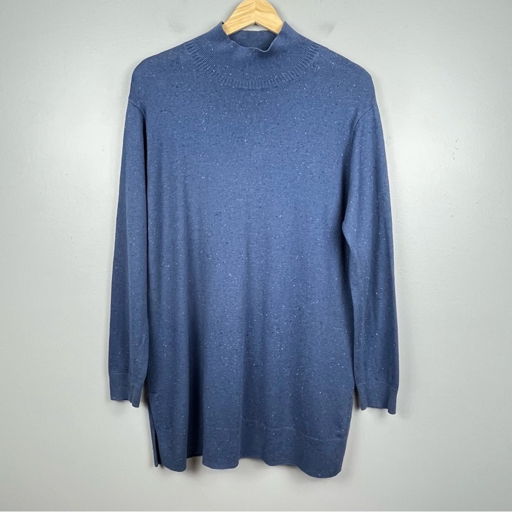 J.Jill blue speckled cotton modal silk mock neck tunic sweater, medium.